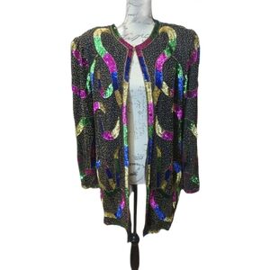 VTG 80s Scala Black Open Sequin Cardigan with Green Pink Blue Gold Accents Sz 2X